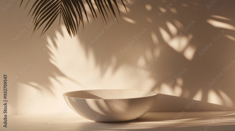 Poster a minimalist scene featuring a bowl casting shadows from palm leaves on a smooth surface.
