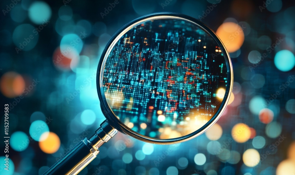 Poster magnifying glass revealing digital data code.