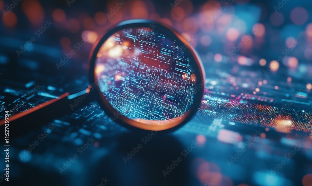 Poster Magnifying glass over circuit board with code, showcasing digital forensic investigation or cybersecurity concept.