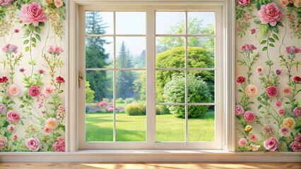 Obraz premium A delicate floral pattern adorns a window frame, adding a touch of elegance and refinement , garden, interior design