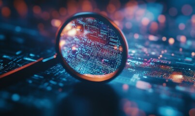 Magnifying glass over circuit board with code, showcasing digital forensic investigation or cybersecurity concept.