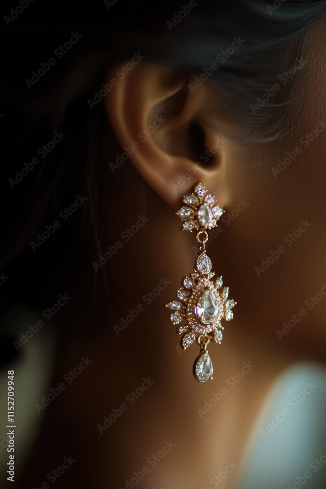 Poster a close-up of elegant earrings featuring intricate design and sparkling gemstones.