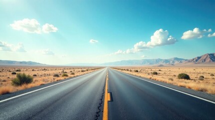 Naklejka premium Asphalt ribbon stretching towards distant mountains under a bright summer sky, promising adventure and freedom on an open road journey