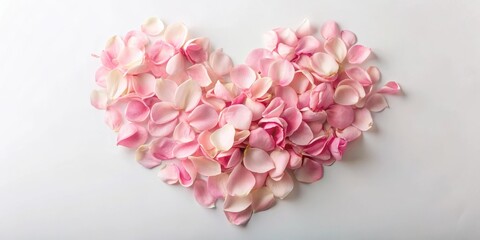 Soft pink rose petals fall gently on a white background as they overlap with a delicate heart shape in a romantic gesture , soft focus, flower power