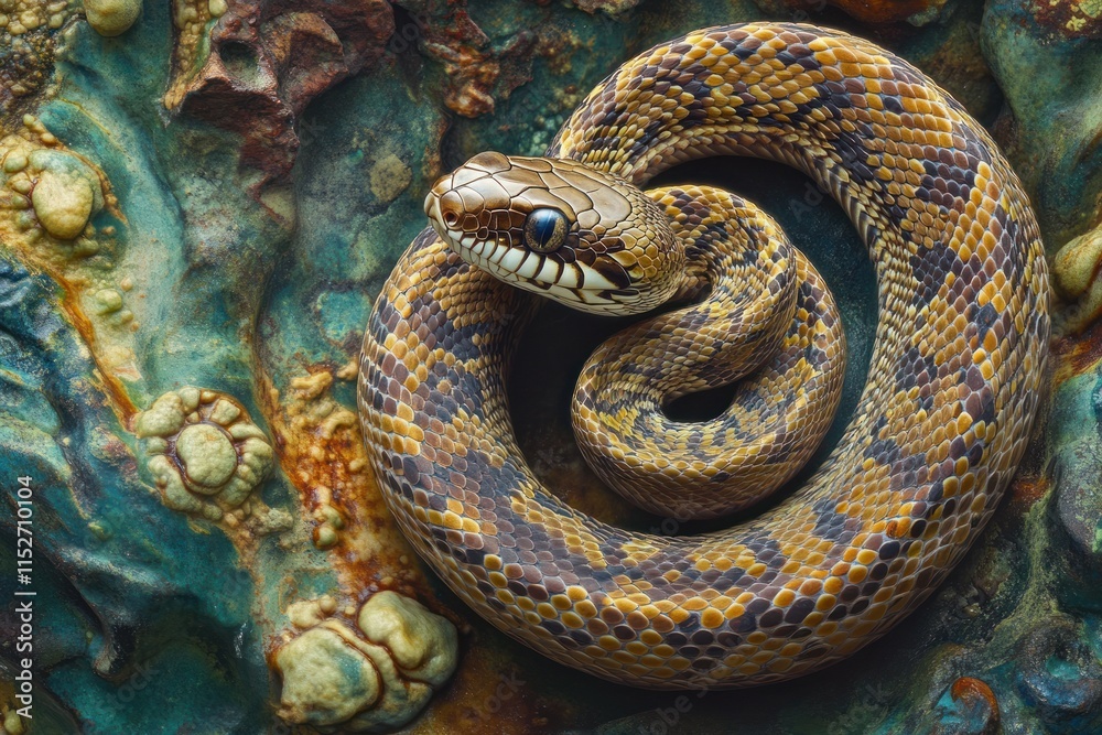 Poster A close-up of a coiled snake resting on a textured surface.