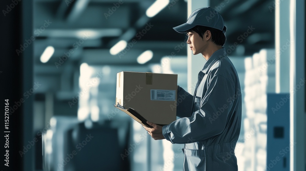 Poster a worker in a warehouse holding a box, surrounded by shelves of stored items.