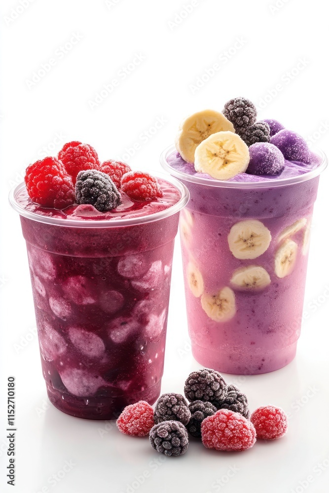Poster two colorful smoothie cups topped with berries and banana slices, showcasing refreshing drinks.