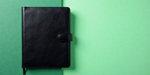 Elegant Black Leather Journal on a Green Background, Perfect for Note-Taking and Personal Reflection