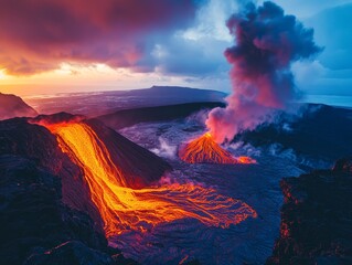 Fototapeta premium Volcanic eruption at sunset, lava flowing down the side of a volcano with smoke and ash billowing into the sky.