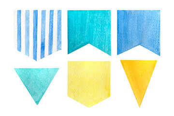 Flag garland set isolated on white. High quality hand-drawn watercolor illustration blue and yellow, teal, striped for stationary, baby shower, cards, birthday celebrations, stickers, packages design