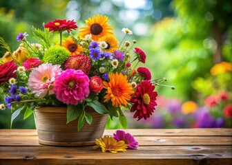 Rustic wood holds a burst of vibrant garden blooms, a digitally painted scene.