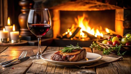 A romantic dinner setting with a grilled steak and a glass of red wine on a wooden table in a cozy room, candlelight, fine dining