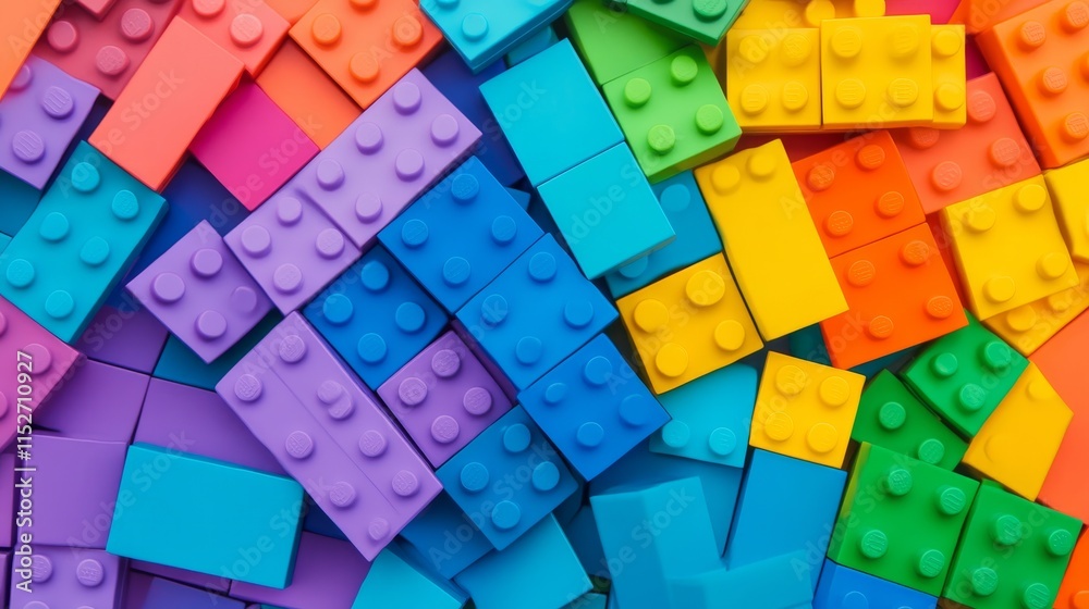 Poster a creative block-building composition with colorful bricks arranged artistically, contemporary const