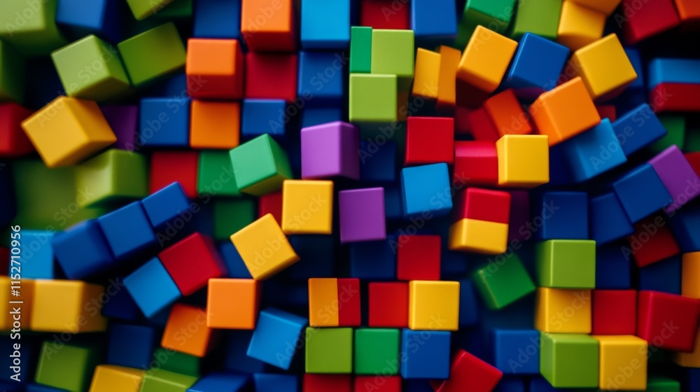 Poster a creative block-building composition with colorful bricks arranged artistically, contemporary const