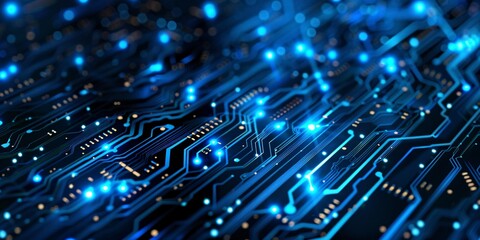 A tech-themed banner with a blue background and digital circuit board elements.