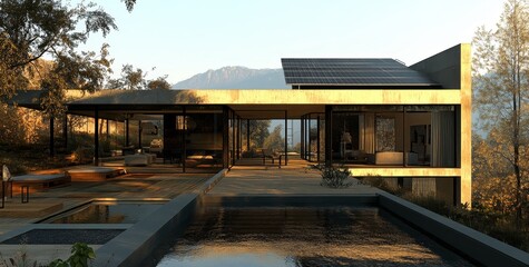Obraz premium Modern hillside home with infinity pool, solar panels, and expansive views.