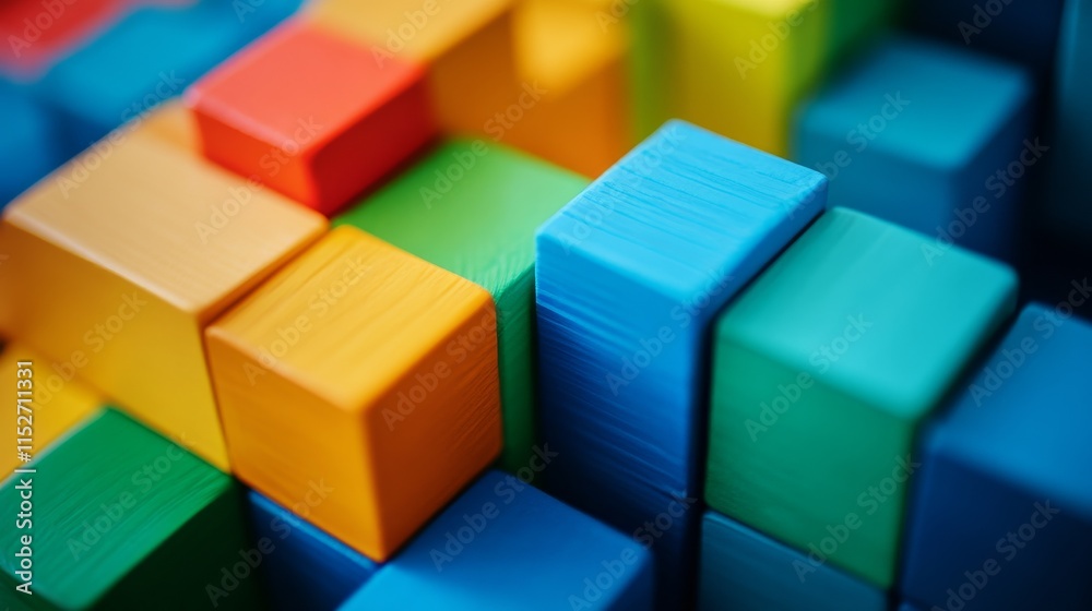 Poster a creative block-building composition with colorful bricks arranged artistically, contemporary const