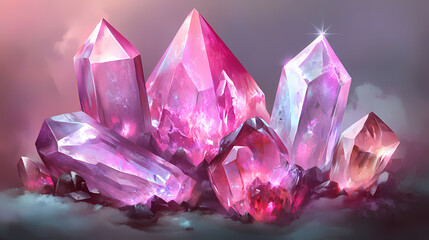 Fototapeta premium Gemstones crystal minerals on mysterious nature background gems fluorite pink and clear quartz magic rock for crystal ritual witchcraft spiritual practice. Quartz. Illustration