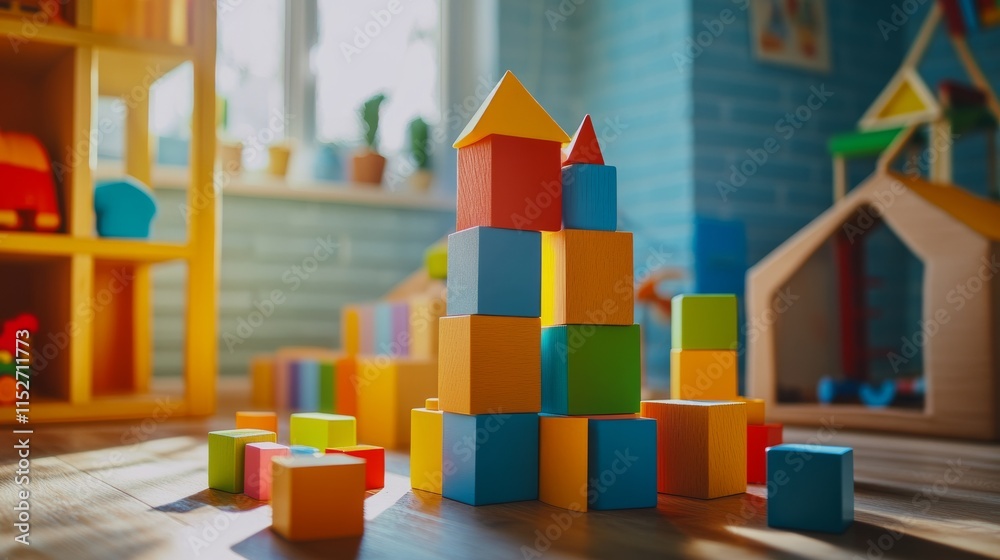 Poster a creative block-building scene in a vibrant playroom, colorful blocks stacked artistically, playful