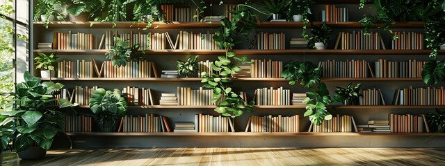 Contemporary bookshelf featuring books and lush plants, designed for modern virtual office backgrounds.