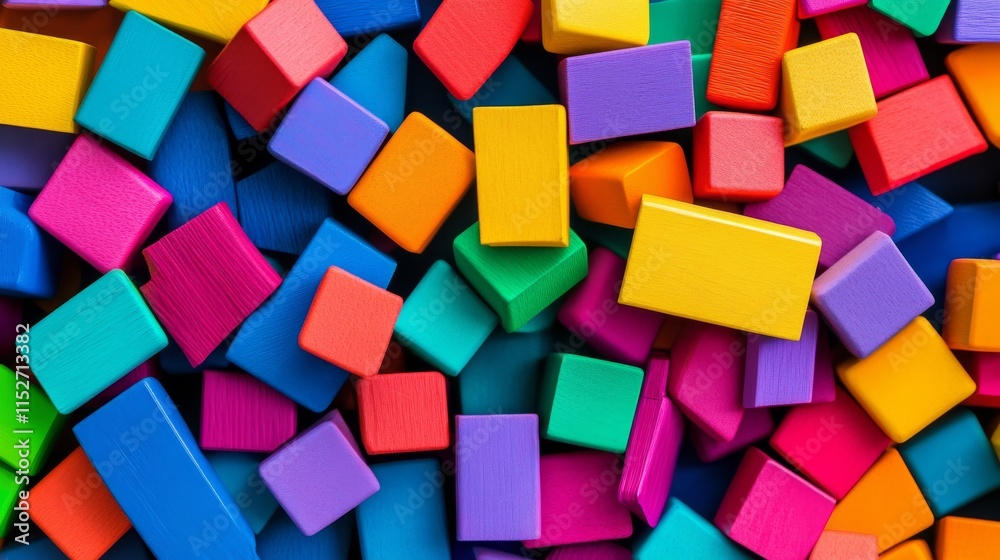 Poster a creative block-building setup with artistically arranged colorful bricks, contemporary constructio