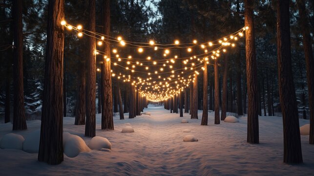 Magical Forest Pathway with Glowing String Lights in Snowy Winter - Made with Generative AI