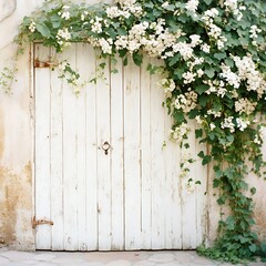 White Vintage Door Surrounded by Blooms in Creative Style
