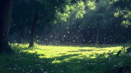 A forest clearing where fireflies glow like stars scattered through the air
