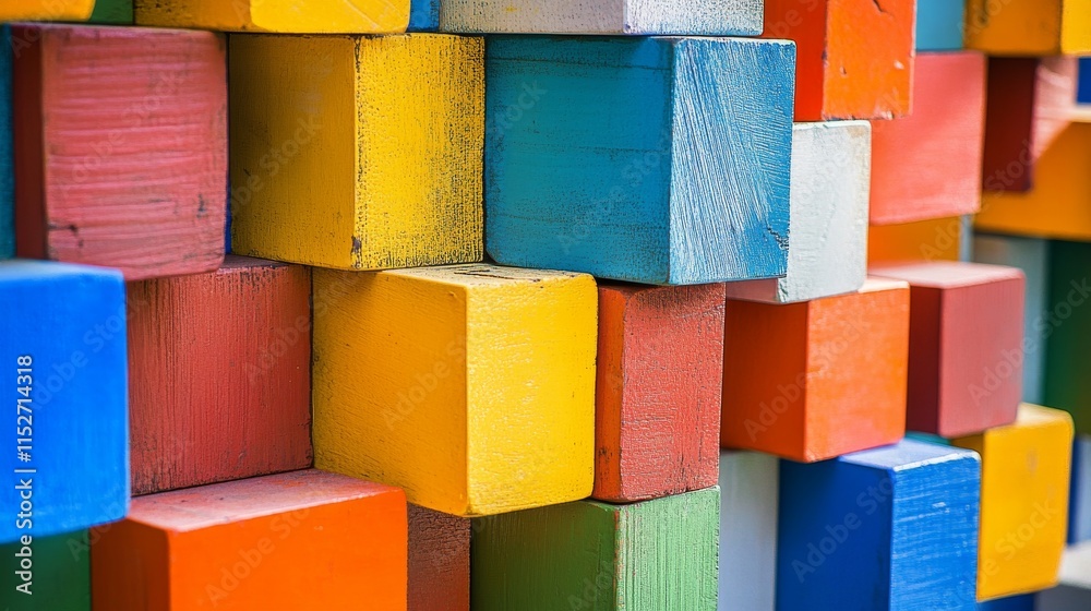 Poster A creative block-building setup with artistically arranged colorful bricks, Contemporary construction style, photo of