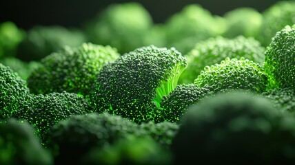 Glowing neon green broccoli florets. Vegetable with abstract glowing light background.
