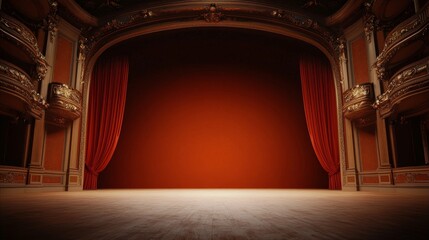 Fototapeta premium A grand theater stage with rich red curtains, showcasing an elegant interior and warm lighting, ready for a performance.