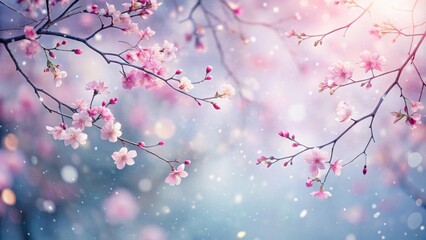 Soft pink sakura petals scattered on a serene winter background with gentle snowflakes and bare branches, pink sakura petals, peaceful scene