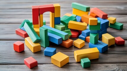 Fototapeta premium A creative block-building setup with artistically arranged colorful bricks, Contemporary construction style, photo of