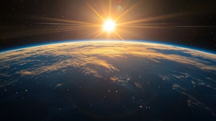 A low-Earth orbit scene showing thousands of particles of space debris floating in space, with curvature glowing under sunlight in the background.
