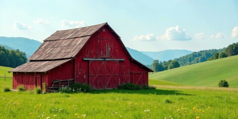 Obraz premium Rustic Red Barn on Rolling Green Meadow with Distant Mountain Range under a Sunny Sky