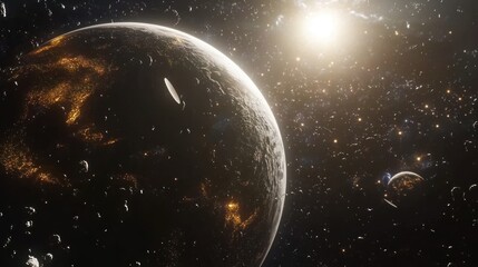 Obraz premium A realistic, high-detail render of Earth surrounded by an orbit of space junk, including old satellites, spacecraft remains, and small reflective particles glowing faintly in sunlight