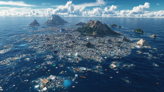 A realistic 3D aerial view of the Great Pacific Garbage Patch, showing a vast collection of plastic bottles, bags, and floating debris scattered across the deep blue ocean