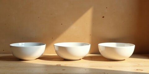 Fototapeta premium Three Empty Ceramic Bowls in Soft Sunlight on Wooden Surface