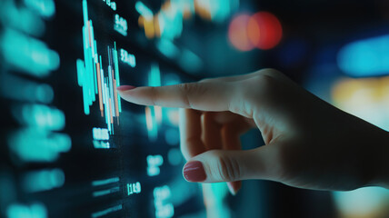 Hand pointing at a digital graph with fluctuating blue lines and data points. Concept of financial technology