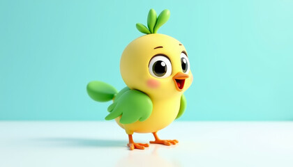 Joyful cartoon baby bird with big eyes standing on a bright turquoise background