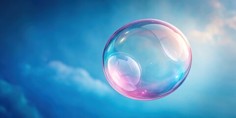 A pink soap bubble suspended in mid-air against a blue and white background, with delicate wisps of air around it, giving a sense of isolation , pink soap bubble, solitude