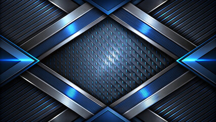 Obraz premium Futuristic abstract background with metallic grid and blue light patterns