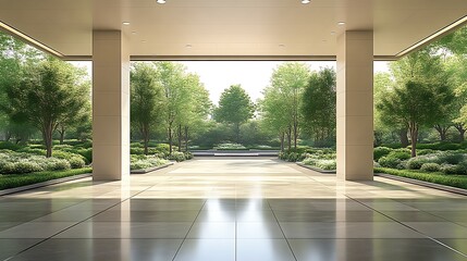 Obraz premium Modern building entrance with lush green garden view