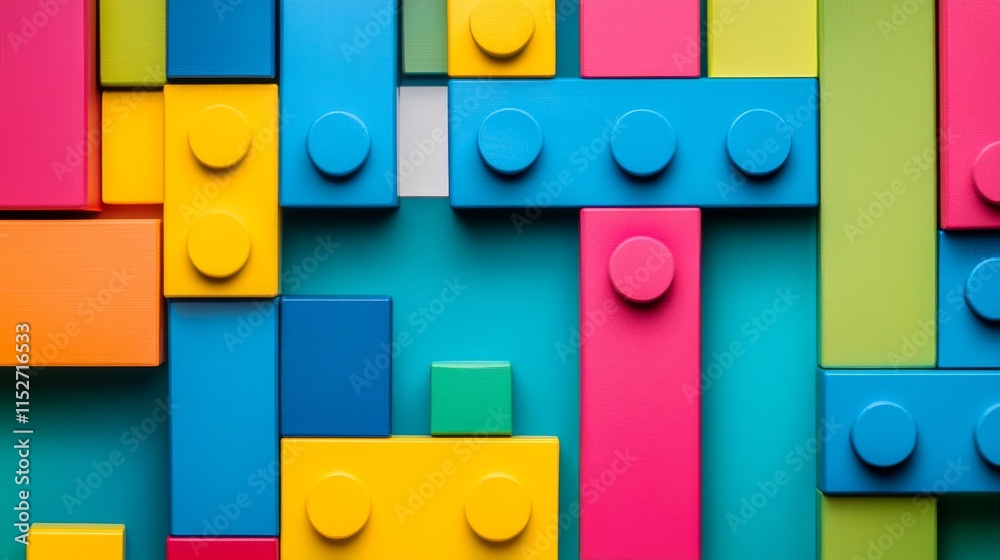 Poster a creative block-building setup with colorful bricks arranged artistically, contemporary constructio