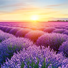 Obraz premium Serene Lavender Fields Under a Vibrant Sunrise in the Countryside