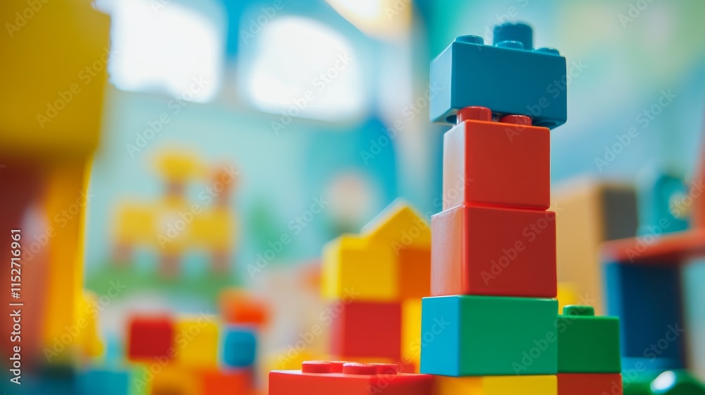 Poster a creative building blocks scene in a children's educational center, blocks arranged in educational 