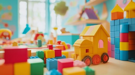 Fototapeta premium A creative building blocks scene in a children's educational center, Blocks arranged in educational patterns, Educational creativity style