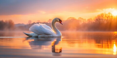 Fototapeta premium Art Swan floating serenely on water's surface as morning sun rises with warm hues of pink and orange light illuminating the surrounding landscape peacefully, serene, dawn