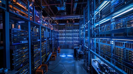 Fototapeta premium Immense Server Room: Rows of High-Tech Data Processing Equipment
