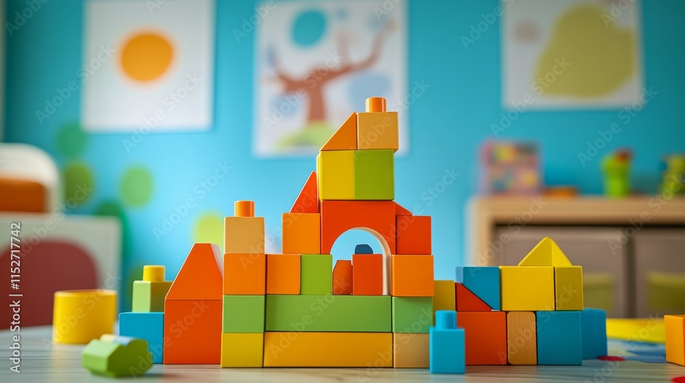Poster A creative building blocks scene in a children's playroom, Blocks arranged in a whimsical pattern, Playful imagination style